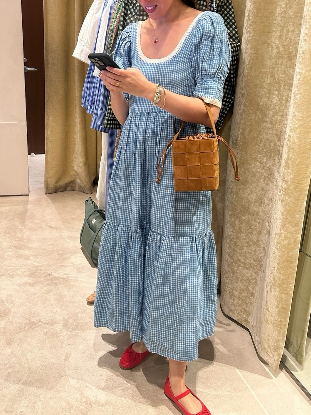Loeffler Randall Gillian Puff−Sleeve Dress in Blue Gingham | XS - Picture 14 of 16